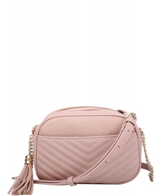 Fashion V Pattern Stitch Tassel Crossbody Bag WU121 ROSEPINK